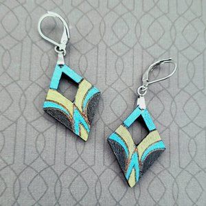 Wooden Tribal Earrings | Blue & Green Metallic